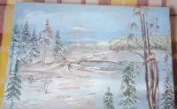 Stary obraz olejny na płótnie ze strychu -las zimą — ujęcie 2