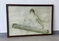 Stary plakat print Ha Van Vuong lata 70 kobieta gra na cytrze — ujęcie 3
