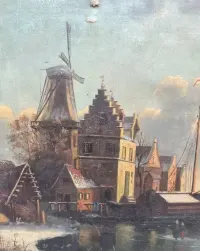 Sygnowany obraz olejny na płótnie - Zimowy port o zachodzie słońca — ujęcie 2