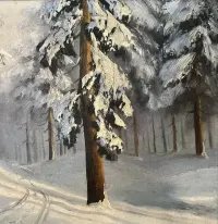 Sygnowany obraz olejny na płótnie - Zimowy świt w lesie — ujęcie 4