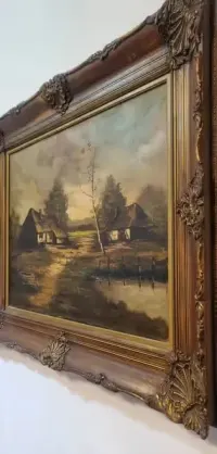 Zabytkowy  olejny obraz na płótnie ,, Krajobraz wiejski ,,107/87cm — ujęcie 2