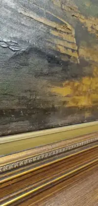 Zabytkowy  olejny obraz na płótnie ,, Krajobraz wiejski ,,107/87cm — ujęcie 3