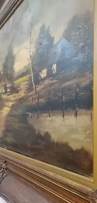 Zabytkowy  olejny obraz na płótnie ,, Krajobraz wiejski ,,107/87cm — ujęcie 4