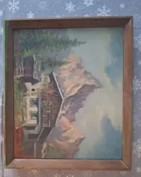 Obraz Olejny na Płótnie "Górskie Schronisko" – Józef Serwin, 1999 | W RAMIE 40x35 cm — ujęcie 2