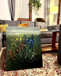 Orginalny Ręcznie Malowany Obraz Olejny Łąka 50 x 60 Gruba Rama Duży Wymiar — ujęcie 3