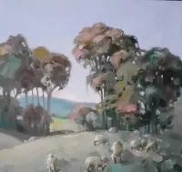 Pejzaż z owcami. Obraz olejny na płótnie. 40 x 40 cm — ujęcie 2