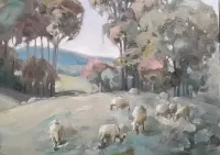 Pejzaż z owcami. Obraz olejny na płótnie. 40 x 40 cm — ujęcie 3