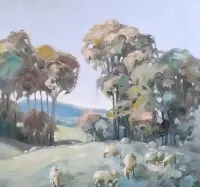 Pejzaż z owcami. Obraz olejny na płótnie. 40 x 40 cm — ujęcie 5