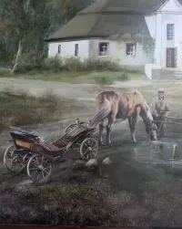 Stary duży obraz olejny Zdzisław Sampolski dworek, koń w ramie — ujęcie 3