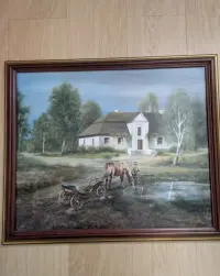 Stary duży obraz olejny Zdzisław Sampolski dworek, koń w ramie — ujęcie 4