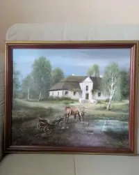 Stary duży obraz olejny Zdzisław Sampolski dworek, koń w ramie — ujęcie 5