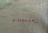 Stary obraz olejny PEJZAŻ Z BRZOZAMI – V. Novák – Duża, bogata rama — ujęcie 3