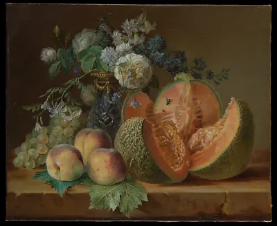 Still Life with a Vase of Flowers, Melon, Peaches, and Grapes — Charlotte Eustache Sophie de Fuligny Damas, marquise de Grollier — praca Zofia Czajka, Rzeszów
