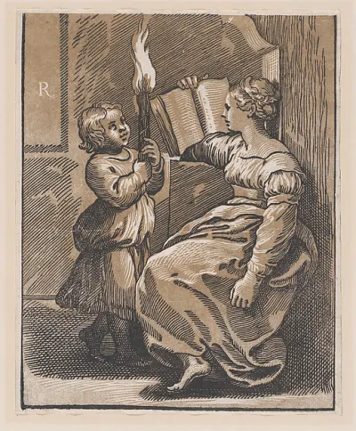 A Sibyl reading a book facing left — Ugo da Carpi — praca Adam Grabowska, Kraków