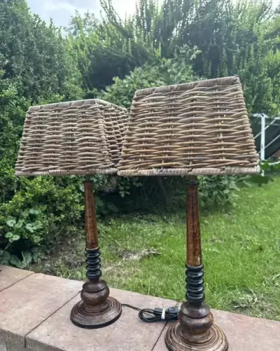 2 designerskie lampy  pelny mosiadz 5,5kg plus abazury z rattanu — praca Tadeusz, Gorzanów