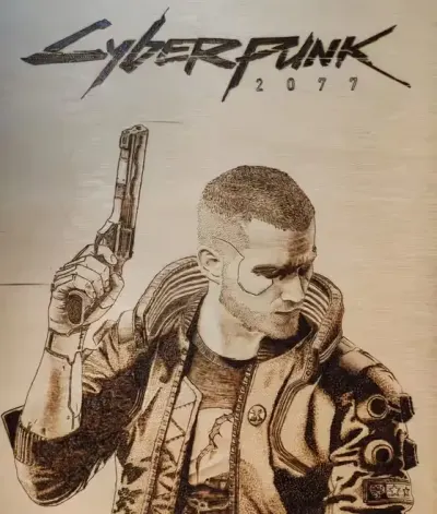 Cyberpunk 2077 grafika, Wypalone w drewnie / Pirografia — praca Julia, Grudziądz