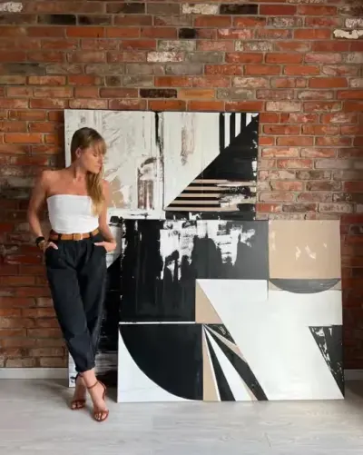 Duży obraz loft 3D czarny bialy kaszmir — praca Kasia, Łódź