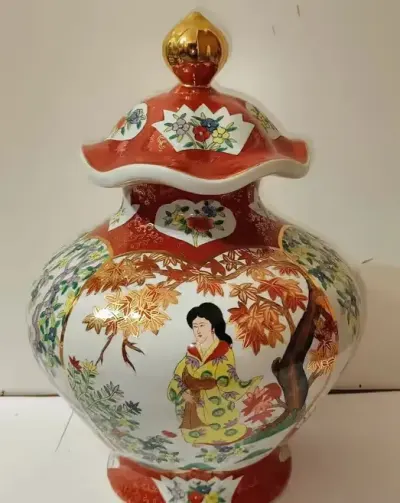 Duży Wazon z Pokrywą 40cm Chińska Porcelana Styl Satsuma / Kanton — praca Ela, Włocławek