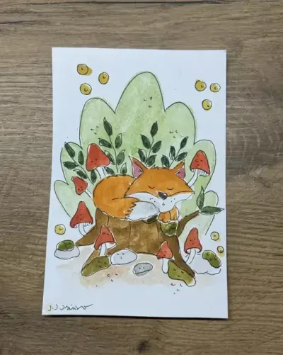 Kartka okolicznościowa lis grzyby muchomor akwarela las boho — praca Julia, Wilczyce