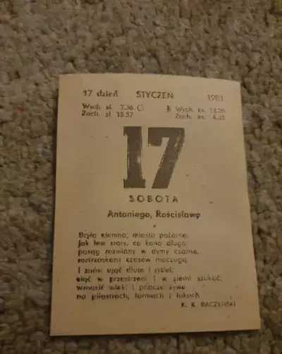 Kartka z kalendarza 17.01.1981 — praca Gosia, Łódź