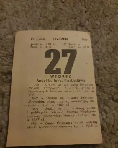 Kartka z kalendarza 27.01.1981 — praca Gosia, Łódź