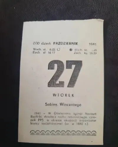 Kartka z kalendarza 27 10.1981 — praca Gosia, Łódź
