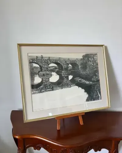 Litografia Pietro Dalla Santa „Stary most w Vimmerby” Grafika w ramie 27/50 Szwecja — praca sweden.mania, Wrocław