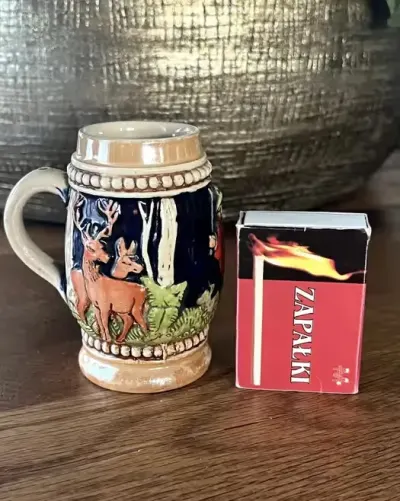 Mini kufel do piwa Kufelek Ceramika ceramiczny lata 70. MAŁY 7,5 cm — praca Renata, Chęciny