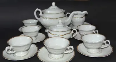 Serwis kawowy Fryderyka KPM Wałbrzych porcelana na 6 osób 16 elementów PRL — praca IG88, Wrocław