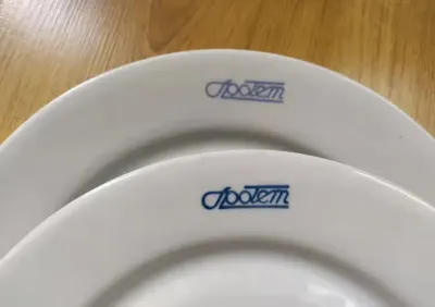 SPOŁEM dwa stare, płaskie, porcelanowe, talerze obiadowe z PRL-u — praca Logan, Toruń