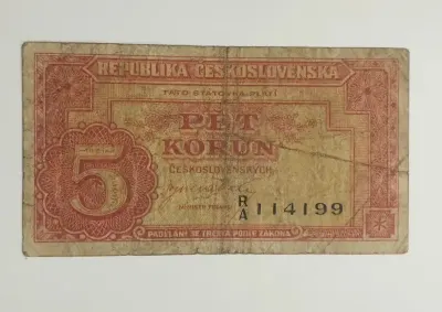 Sprzedam banknot Czechosłowacja 5 Koron 1945r. — praca Robert, Bydgoszcz