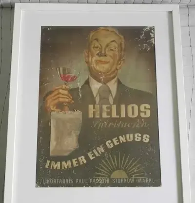 Stara REKLAMA - plakat na kartonie Helios Likorfabrik Storkow — praca Małgorzata Poźniak, Szubin