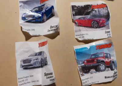 stare obrazki z gumy turbo samochody, zestaw 5 sztuk — praca Mag, Bytom