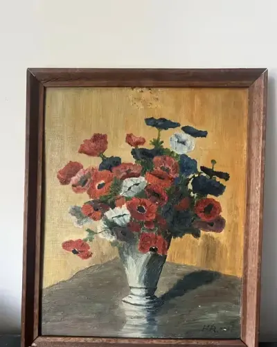 Stary Obraz Olejny Maki Zawilce 1947 r. Monogram HR — praca Piotr, Wrocław