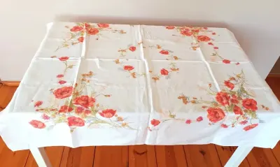 stary retro vintage biały lniany obrus maki polne w kwiaty kwiatki prl — praca Dorota, Pabianice