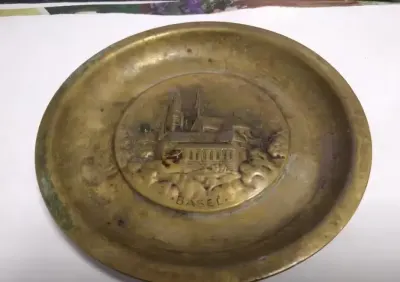 Talerz mosiężny Basel Bazylea Vintage — praca ariel, Szczecin