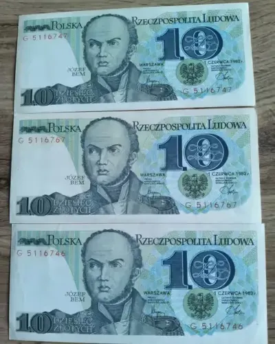 Trzy stare banknoty 10 zł — praca Marcin, Radomsko