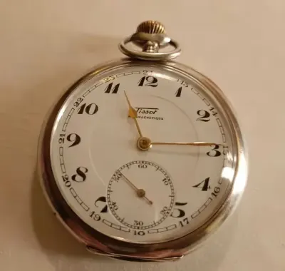 Zegarek kieszonkowy TISSOT Antimagnetic srebro 800 — praca Mira, Łódź