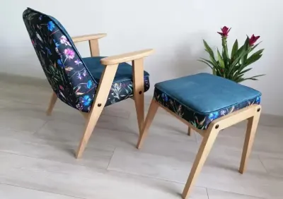 Fotel Chierowski 366 PRL retro + podnóżek różne wzory — praca Ewelina, Teklinów