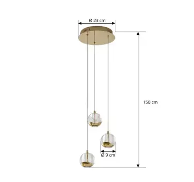 Lampa wisząca z trzema szklanymi kulami w kolorze błyszczącego złota — praca Agata, Sosnowiec