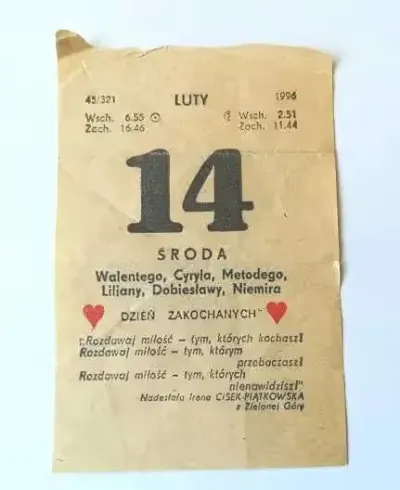 1996 rok /14 luty/ Walentynki /unikatowa kartka z kalendarza/ zrywak / — praca Marmi, Szczecin