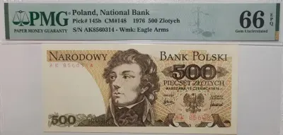 500 zł 1976 AK PMG 66 EPQ rzadkość L4 SZPARŁO Stan 1 UNC 500 złotych — praca Marcin, Wrocław