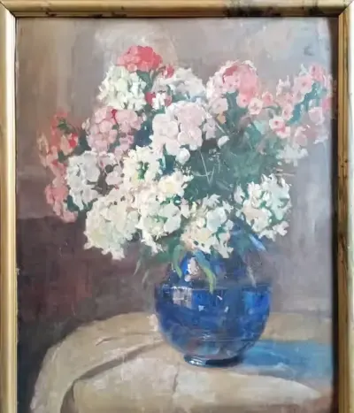 Aleksander Terpiłowski, "Floksy", olej na tekturze lata 30 XX wieku — praca Grzegorz, Łódź