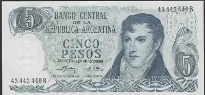 Argentyna 5 pesos 1974/76 - generał Belgrano - stan bankowy UNC — praca Szedert, Łódź
