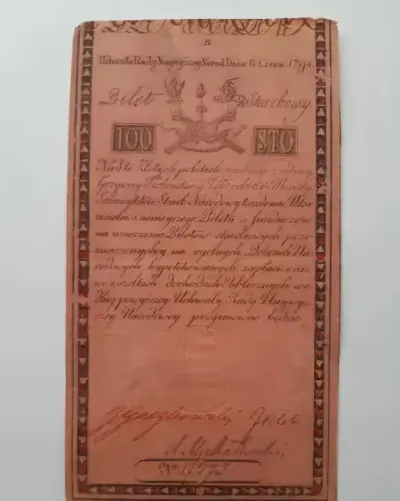 Banknot  bilet skarbowy  100zł  1794 rok  Insurekcja Kościuszkowska — praca Agnieszka, Gdańsk