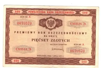 Bon oszczędnościowy 500 zł 1971r emisja 28 nr A [b179] — praca WALDEK, Wrocław