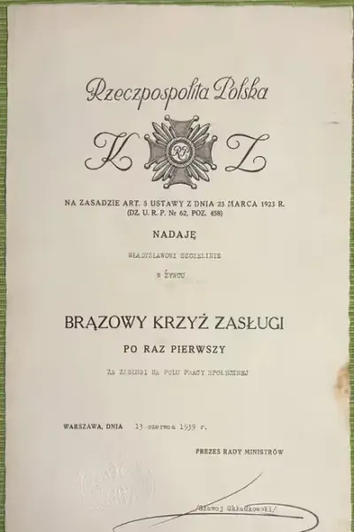 Dyplom Brązowy Krzyż Zasługi 13.06.1939 rok Sławoj Składkowski IIRP -b — praca AntykwariatCzasu, Warszawa