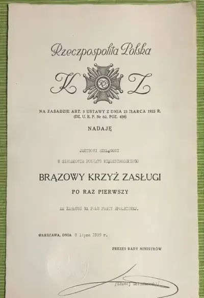 Dyplom Brązowy Krzyż Zasługi 8.07.1939 rok Sławoj Składkowski IIRP (a) — praca AntykwariatCzasu, Warszawa