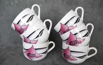 Filiżanki espresso PRL kwiaty komplet 6 szt vintage — praca RetroHoop, Kraków