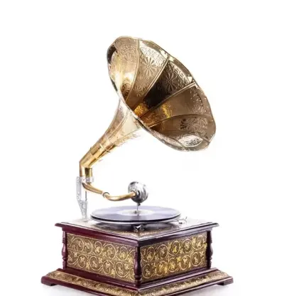 Gramofon Patefon na korbkę mosiezna tuba sprawny — praca AntykiDecco, Kraków